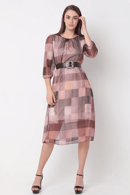 Women's Pink Check Print Fancy Midi