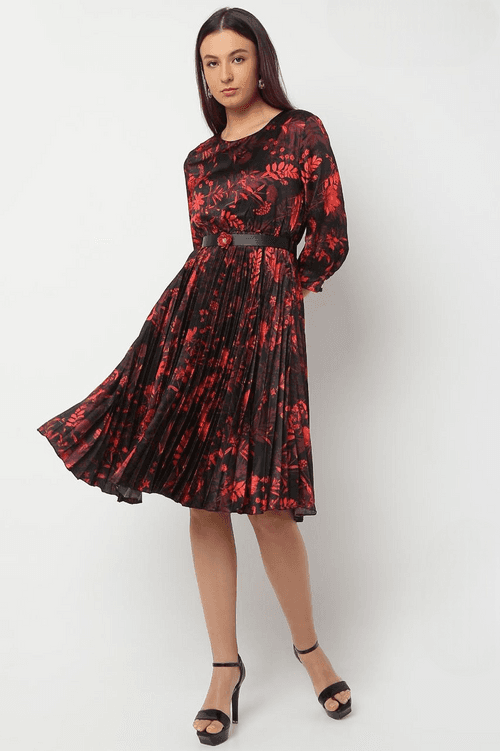 Women's Black Floral Printed Fancy Midi