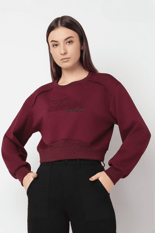 Women's Wine Round Neck Full Sleeve Fancy Crop Top