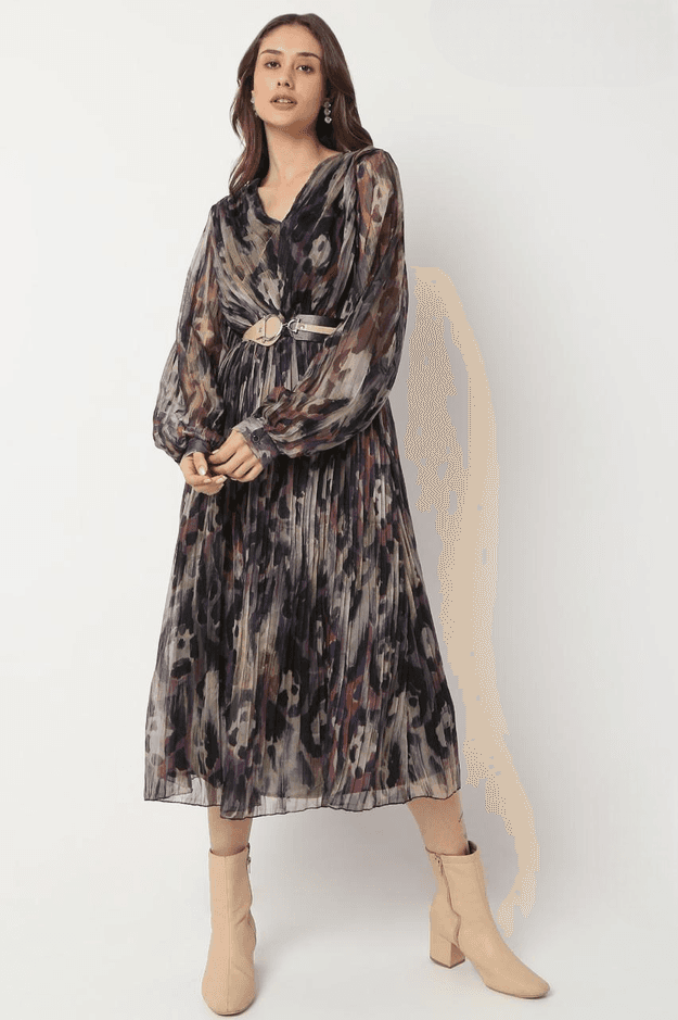 Women's Black Full Sleeve Fancy Printed Midi