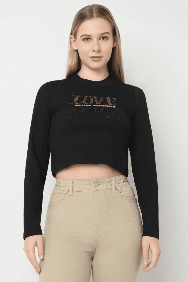 Women's Black Full Sleeve Fancy Crop Top