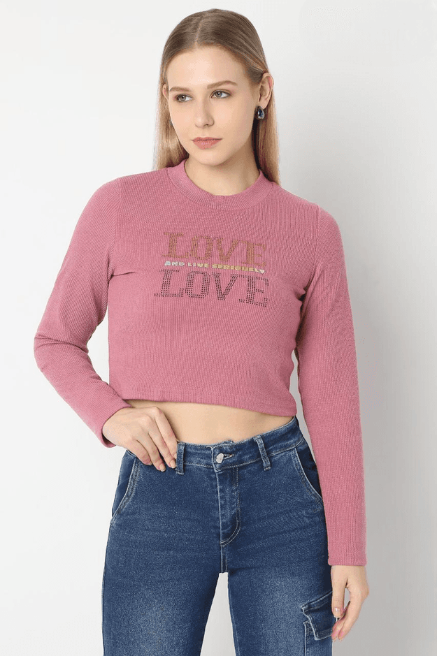 Women's Pink Full Sleeve Fancy Crop Top