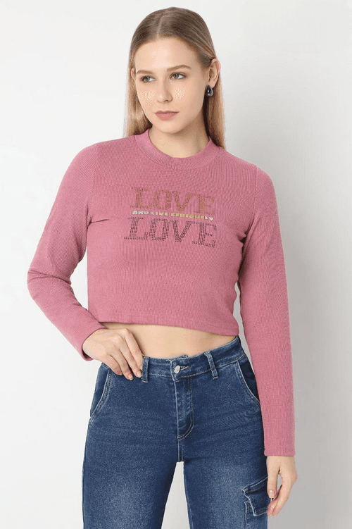 Women's Pink Full Sleeve Fancy Crop Top