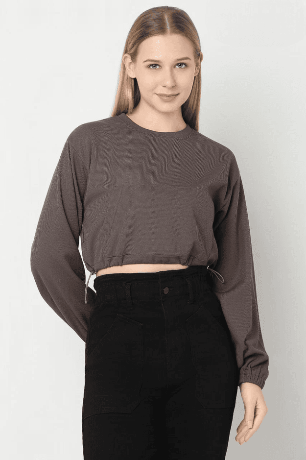 Women's Grey Full Sleeve Fancy Crop Top