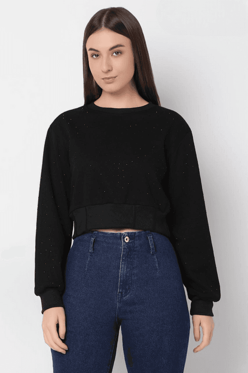 Women's Black Full Sleeve Fancy Crop Top