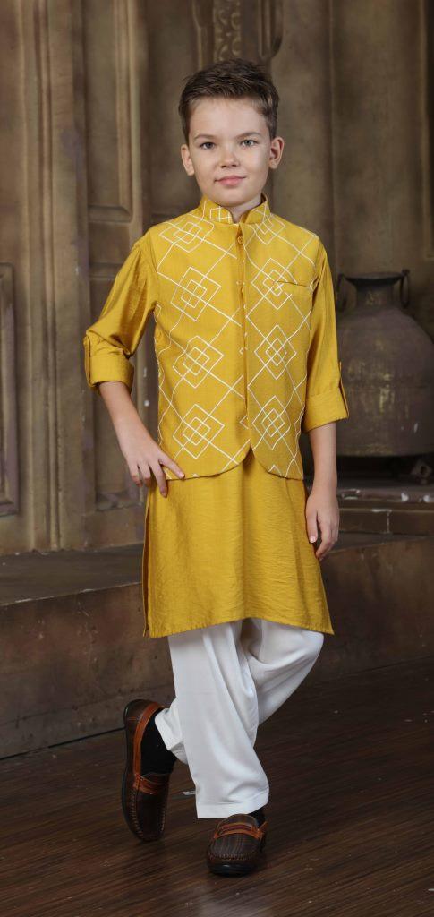 Boys Yellow Ethnic Wear Kurta Suit With Jacket