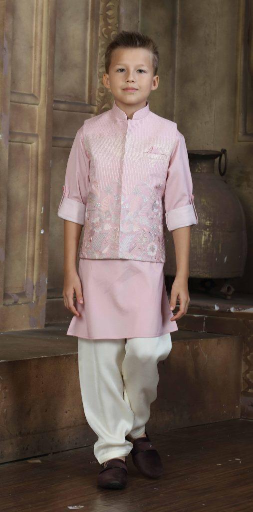 Boys Peach Ethnic Wear Kurta Suit With Jacket