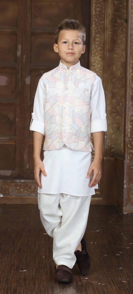 Boys Cream Ethnic Wear Kurta Suit With Jacket