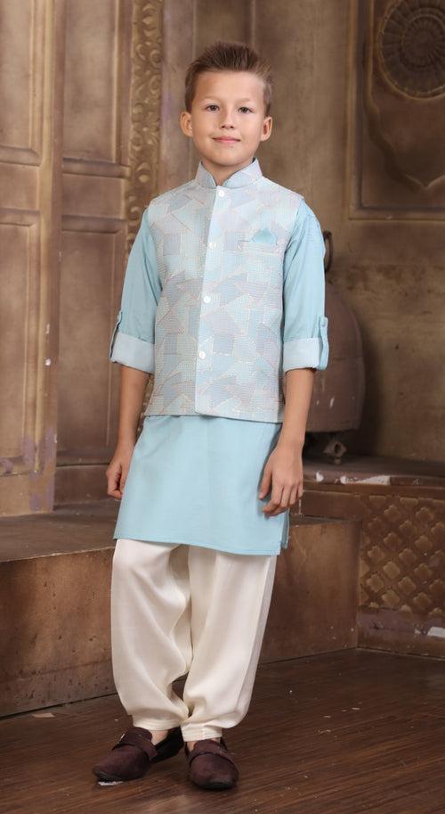 Boys Green Ethnic Wear Kurta Suit With Jacket