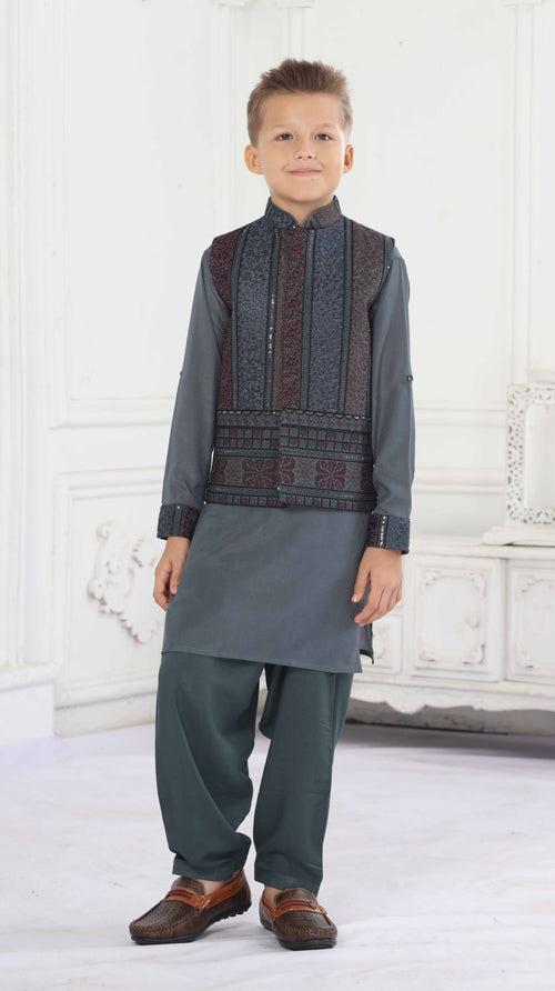 Boys Bottle Green Ethnic Wear Kurta Suit With Jacket