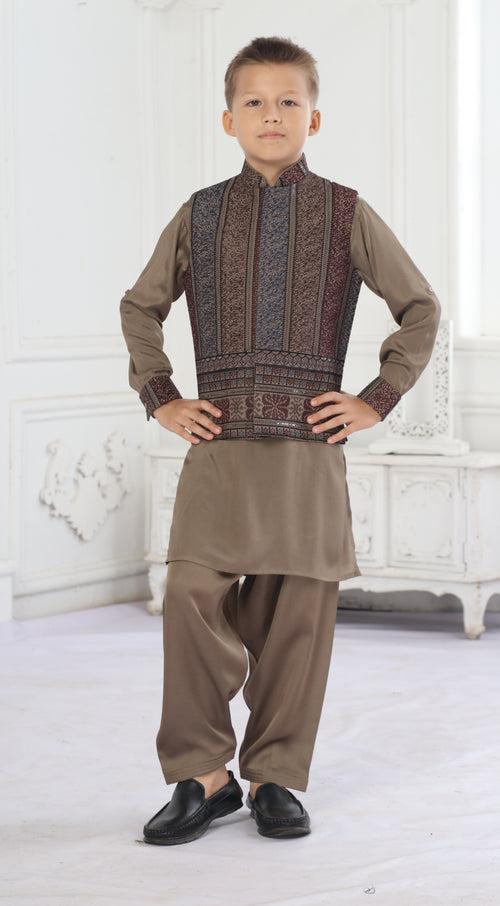 Boys Fawn Ethnic Wear Kurta Suit With Jacket