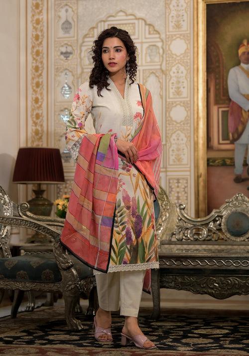 Women Off White Printed Stylish Cotton Kurti Stylish Bottom With Printed Dupatta Suit