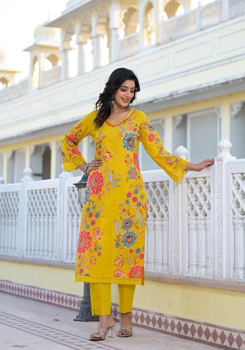 Women Yellow Floral Printed Stylish Cotton Kurti Stylish Bottom With Printed Dupatta Suit