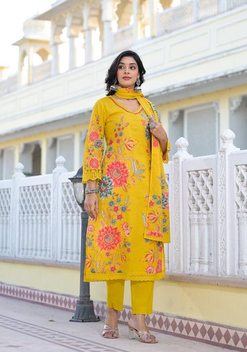 Women Yellow Floral Printed Stylish Cotton Kurti Stylish Bottom With Printed Dupatta Suit