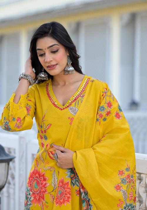 Women Yellow Floral Printed Stylish Cotton Kurti Stylish Bottom With Printed Dupatta Suit