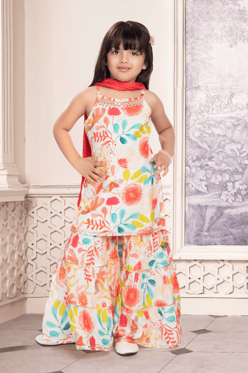 Girls Cream Designer Printed Gharara Suit