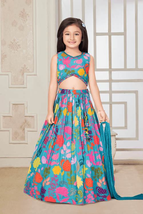 Girls Firozi Designer Traditional Printed Choli Suit