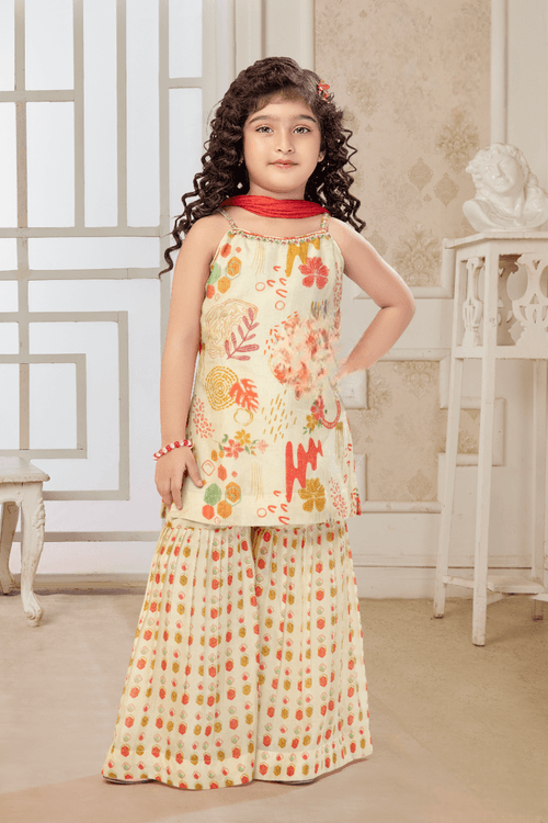 Girls Cream Designer Traditional Printed Gharara Suit