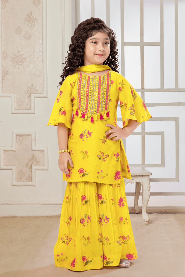 Girls Yellow Designer Traditional Printed Gharara Suit