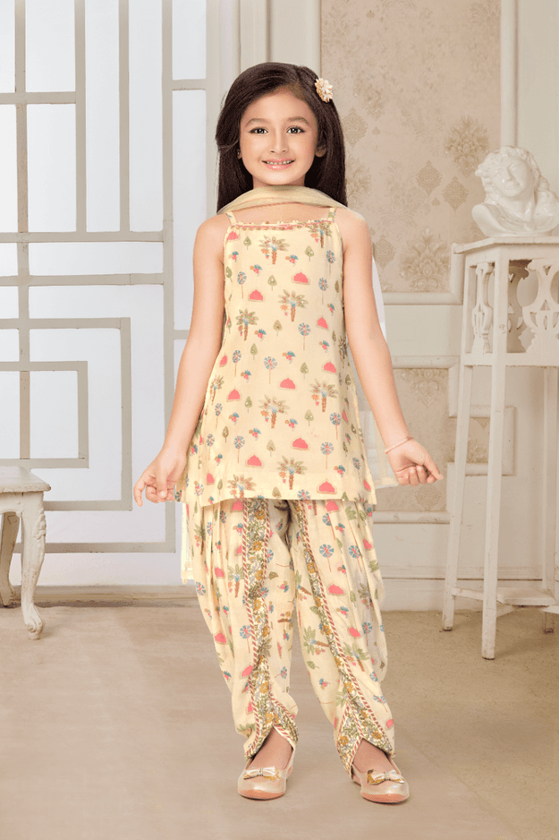 Girls Cream Designer Traditional Printed Patiala Suit