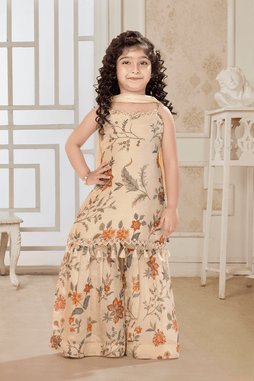 Girls Fawn Designer Traditional Printed Gharara Suit