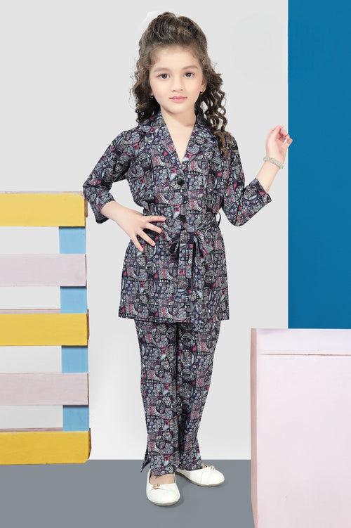 Girls Tomato Fancy Full Sleeve Printed Long Jacket Style Top Bottom Cord Set