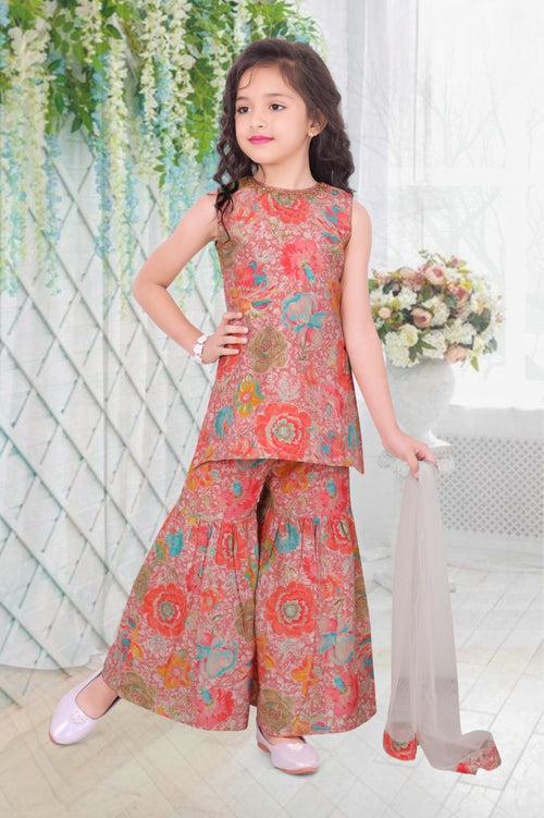 Girls tomato Floral Printed Fancy Plazo Suit