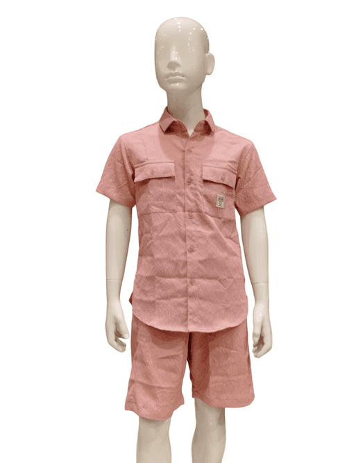 Boys Coral Peach Half Sleeve Shirt With Shorts Co-Ord Set