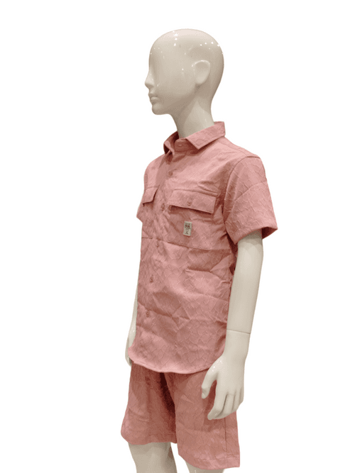 Boys Coral Peach Half Sleeve Shirt With Shorts Co-Ord Set