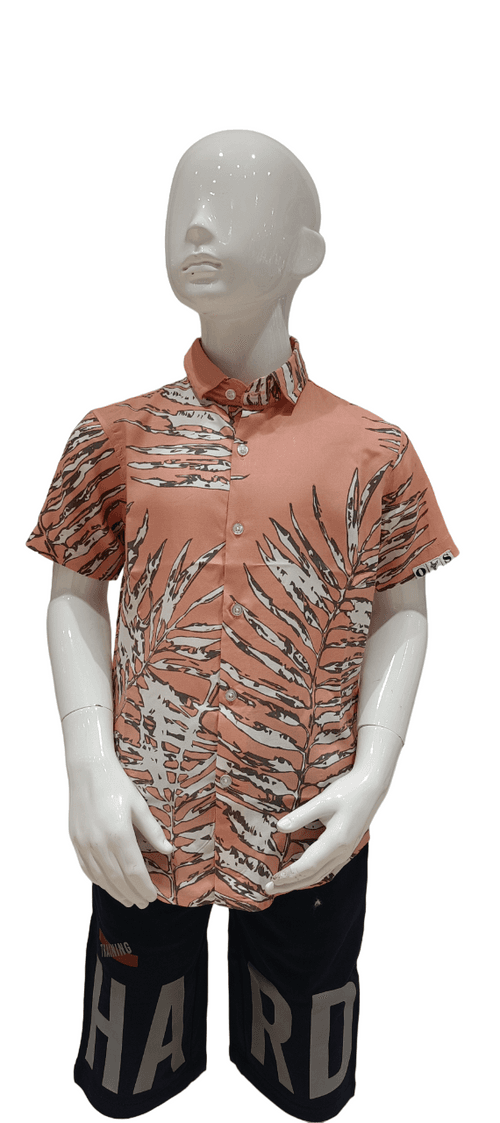 Boys Peach Melocotun Printed Half Sleeve Fancy Shirt