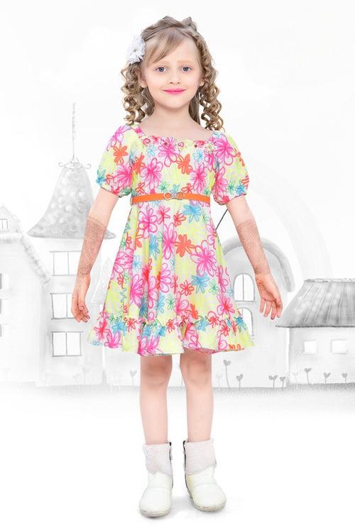 Girls Pink Floral Printed Fancy Cotton Frock