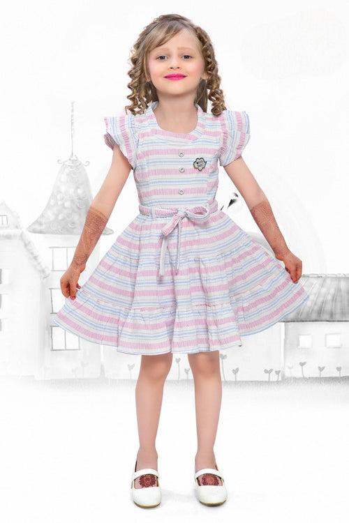 Girls Pink Striped Cotton Fancy Frock