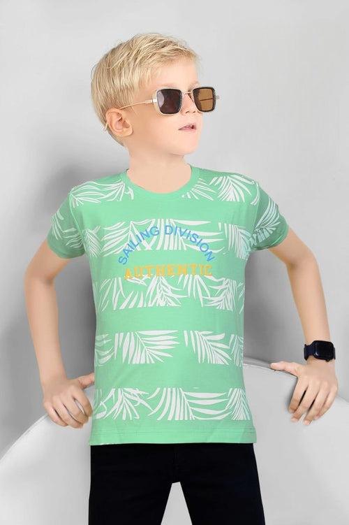 Boys Neon Green Round Neck Half Sleeve Printed Fancy T-Shirt