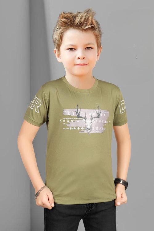 Boys Olive Green Round Neck Half Sleeve Printed Fancy T-Shirt