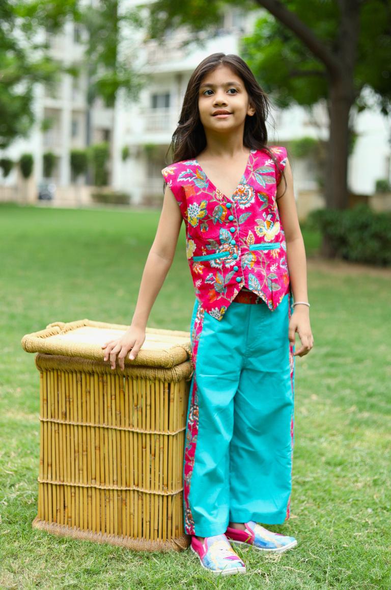 Girls Adele Printed Waist Coat and Solid Pants set - Pink & Turquoise