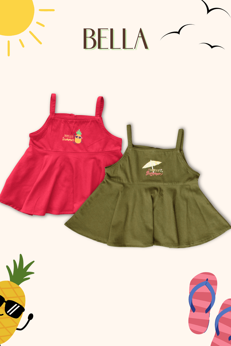 Girls Bella 100% Cotton Summer Top Combo - Red & Olive