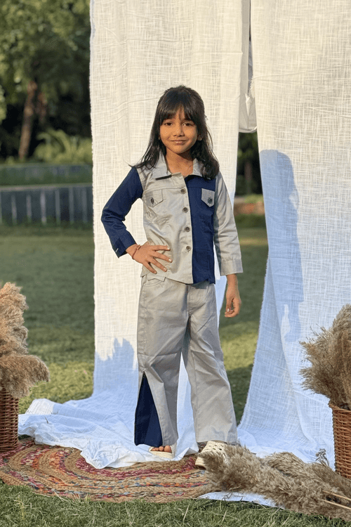 Girls Casablanca Color Block Shacket with Pants Set - Blue & Grey