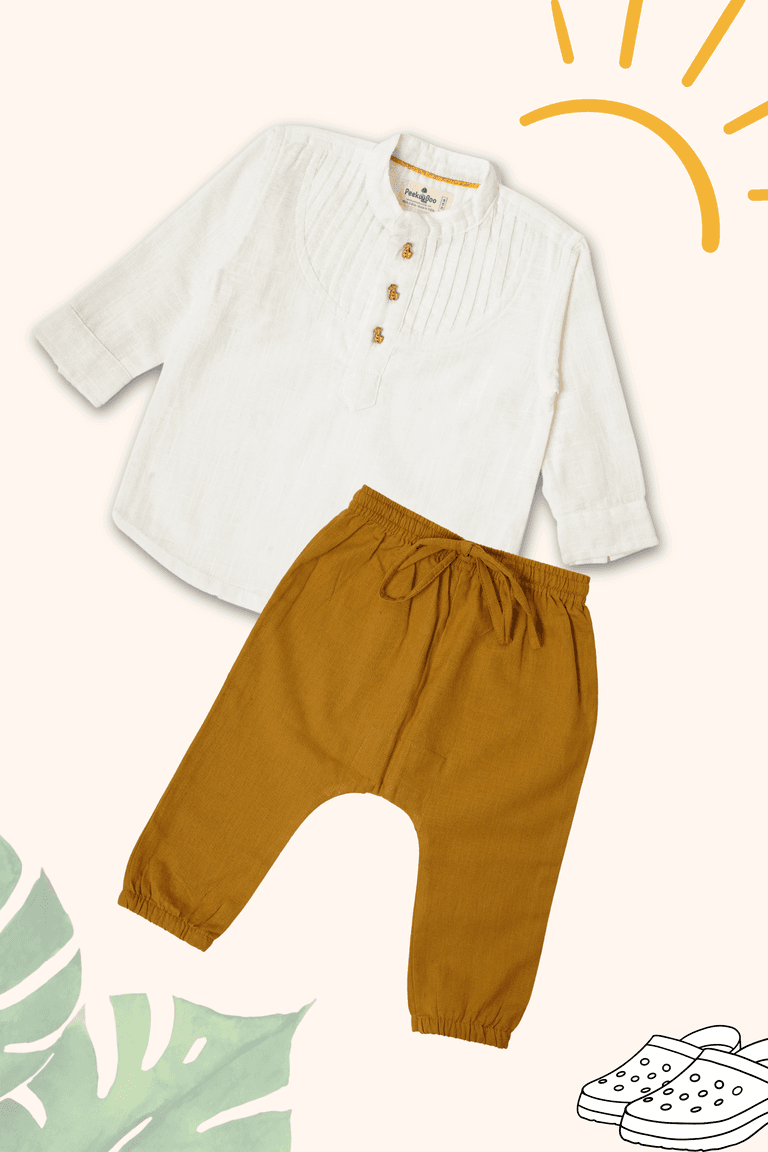 Boys Pure Cotton Clothing Set - White Pintuck Shirt & Miyani Pants