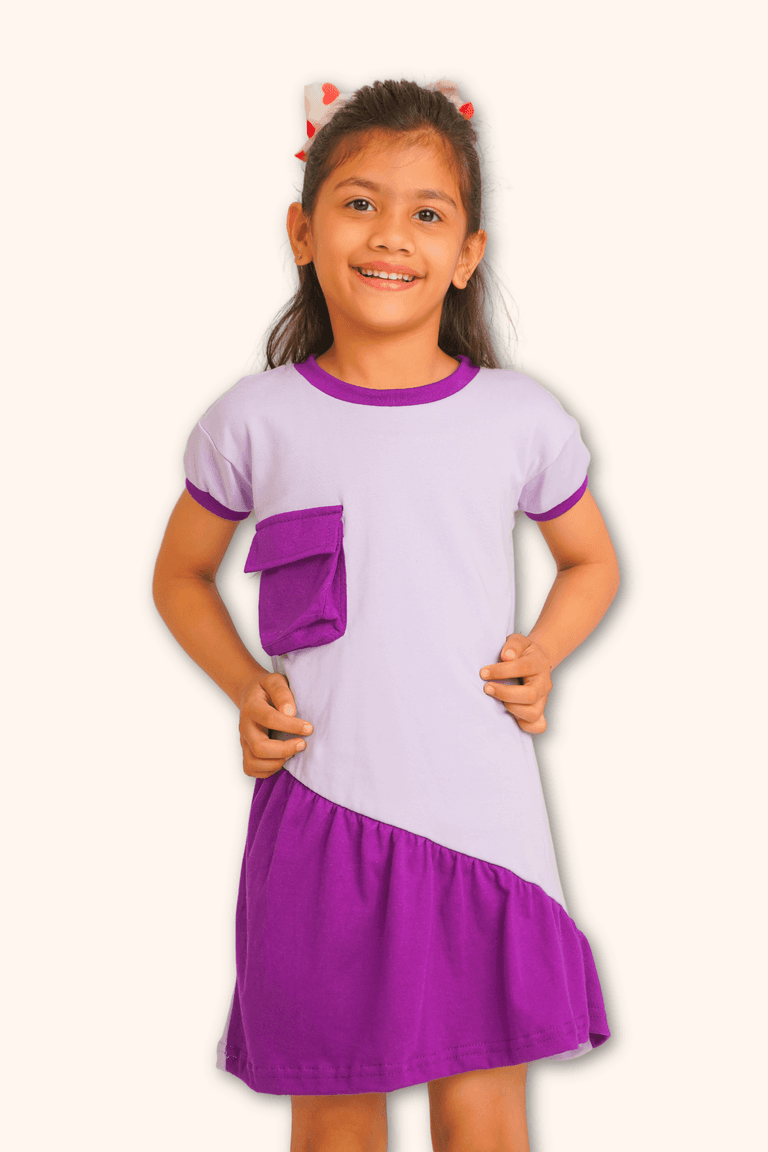 Girls 100% Cotton Knit Lavender Purple Dress with 3D pocket