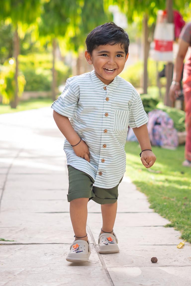 Boys 100% Cotton Shirt for Summer - Green Striped Yarn Dyed