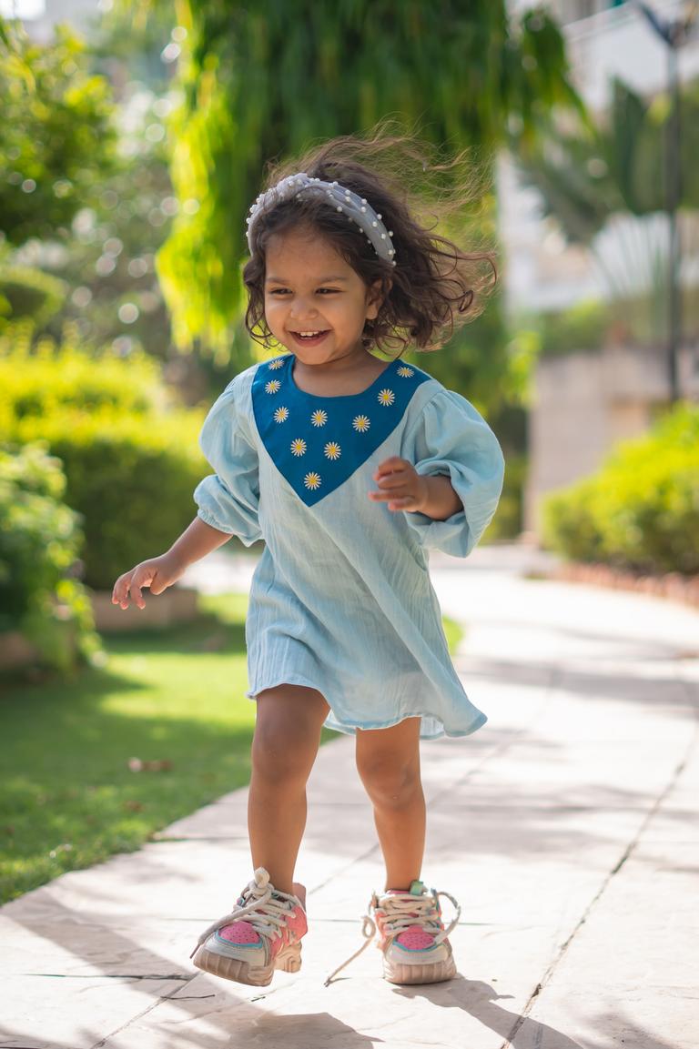 Girls Pure Muslin Summer Dress with Embroidery - Sky Blue