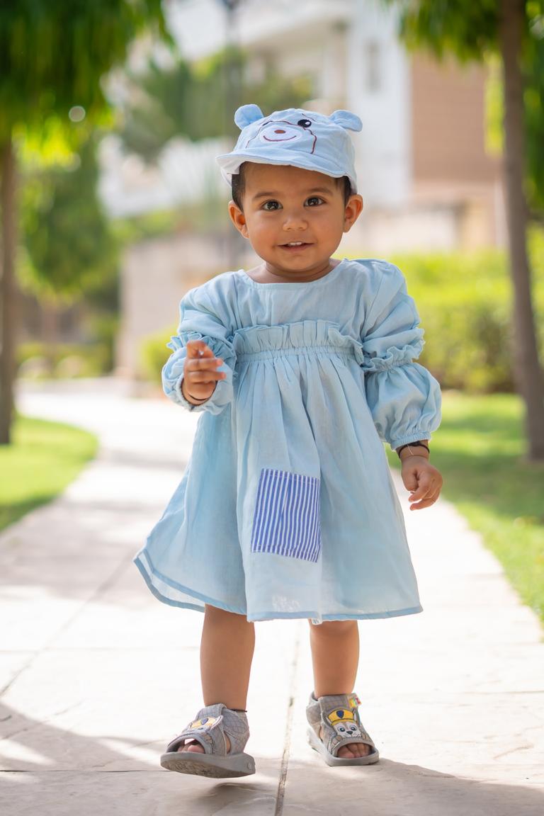 Girls Mulmul Asymmetrical Solid Sky Blue Dress