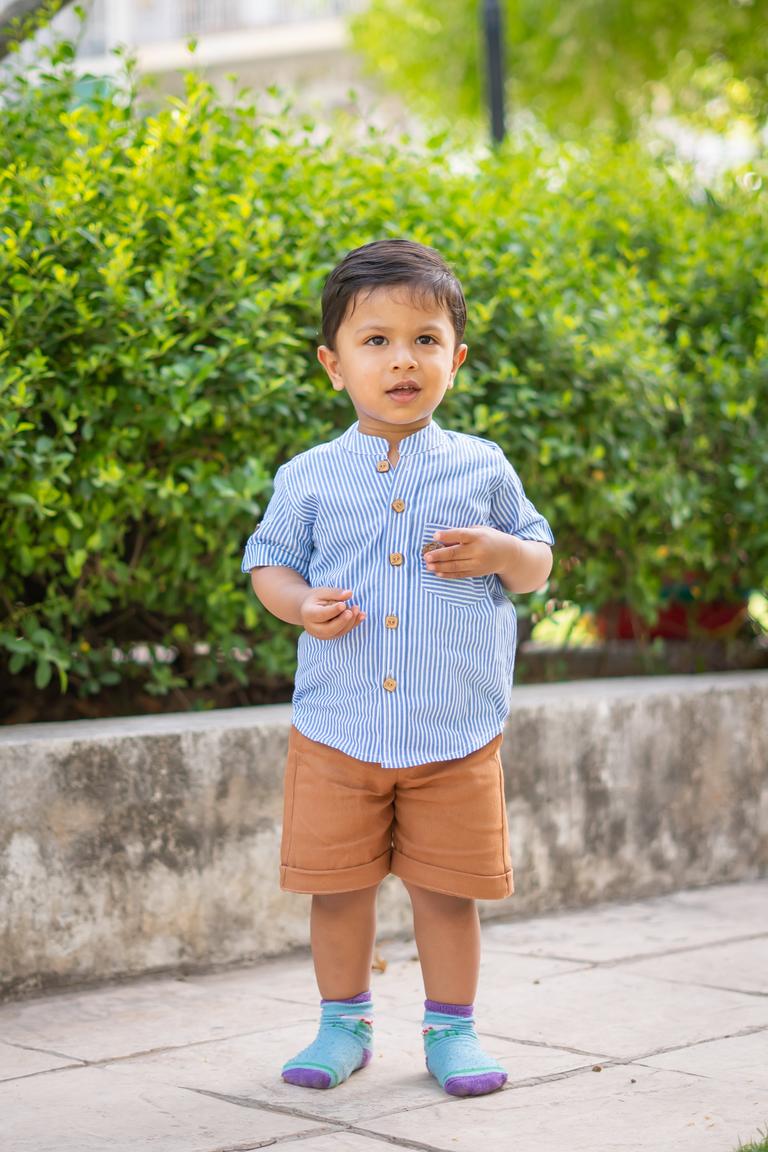 Boys 100% Cotton Shirt for Summer - Blue Striped Yarn Dyed