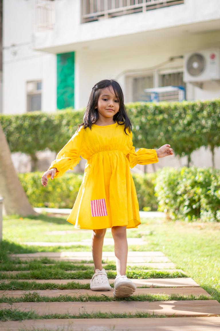 Girls Mulmul Asymmetrical Solid Sunny Yellow Dress