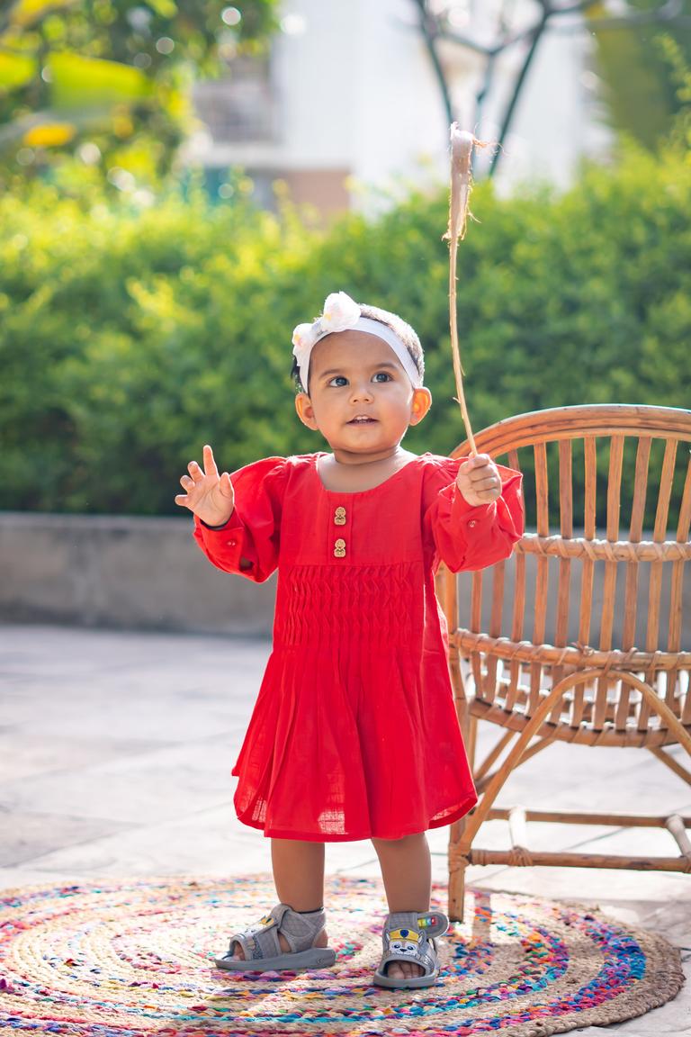 Girls Summer Cotton Dress with Pintuck Detailing - Red