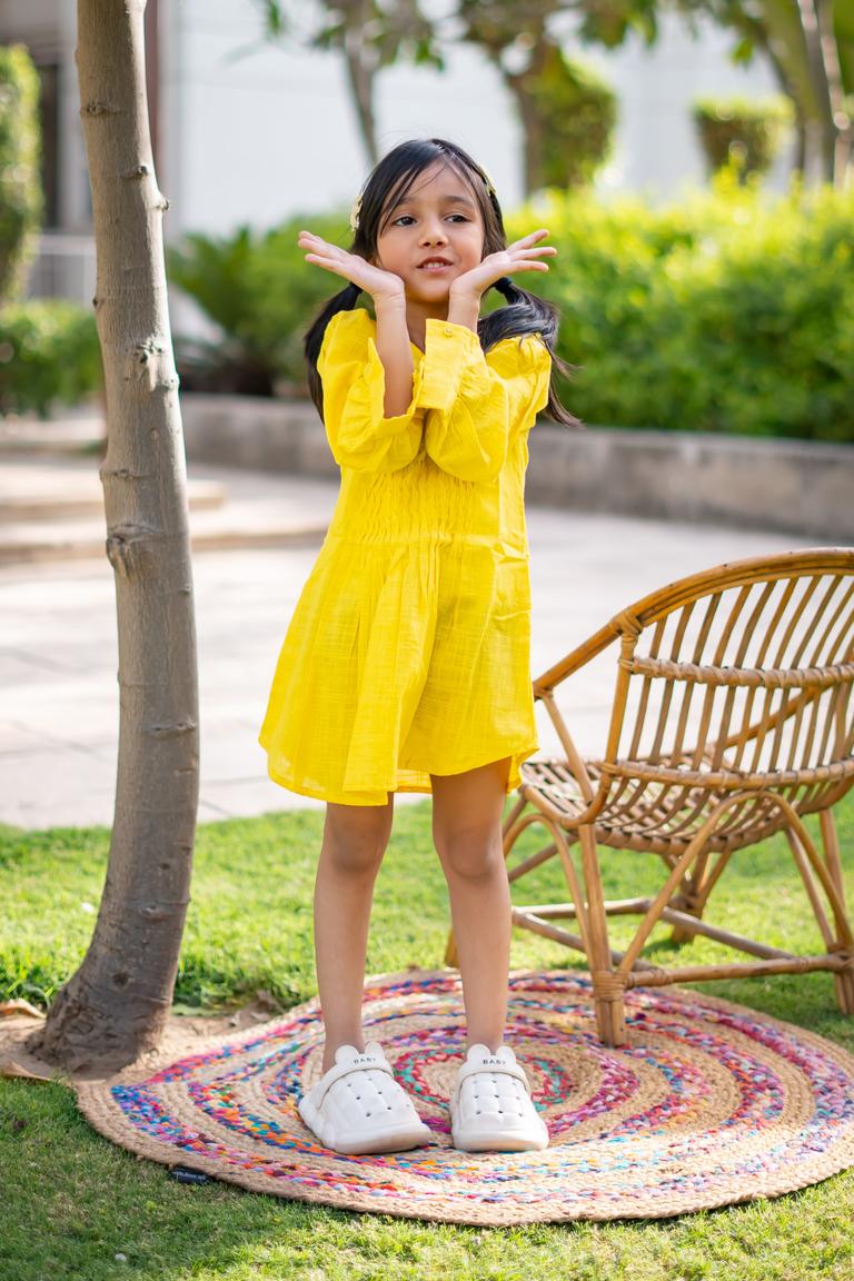 Girls Summer Cotton Dress with Pintuck Detailing - Yellow