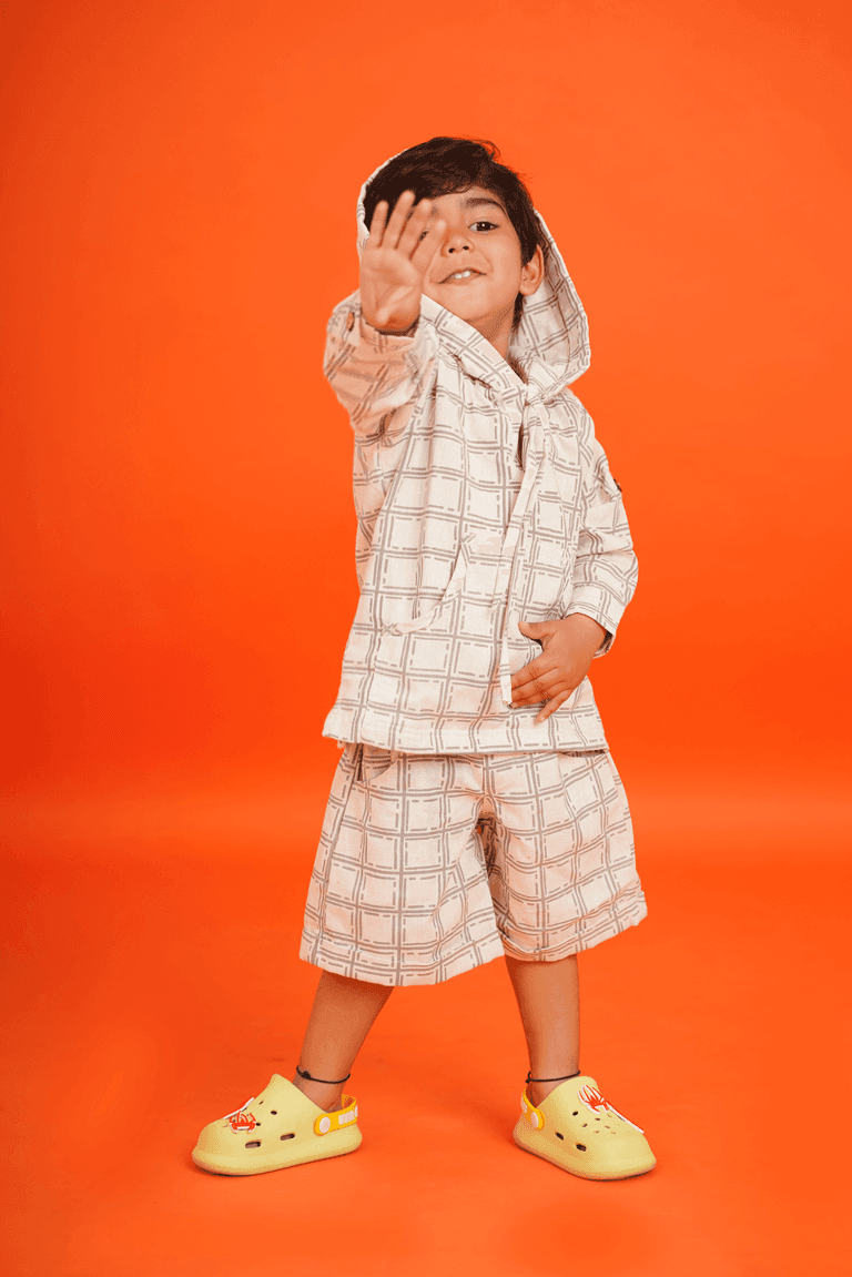 Boys Pure Cotton hoodie with shorts set - Off-white checks