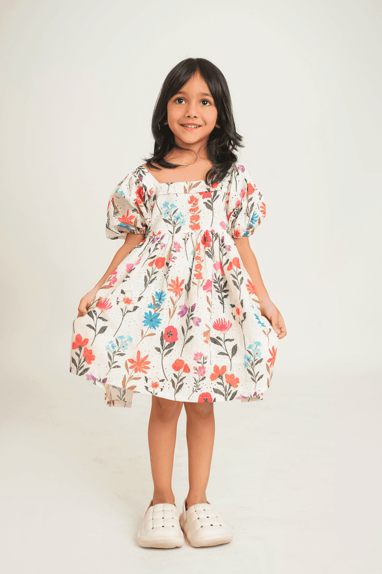 Girls Pure Cotton Schiffli Printed White Dress with free scrunchie