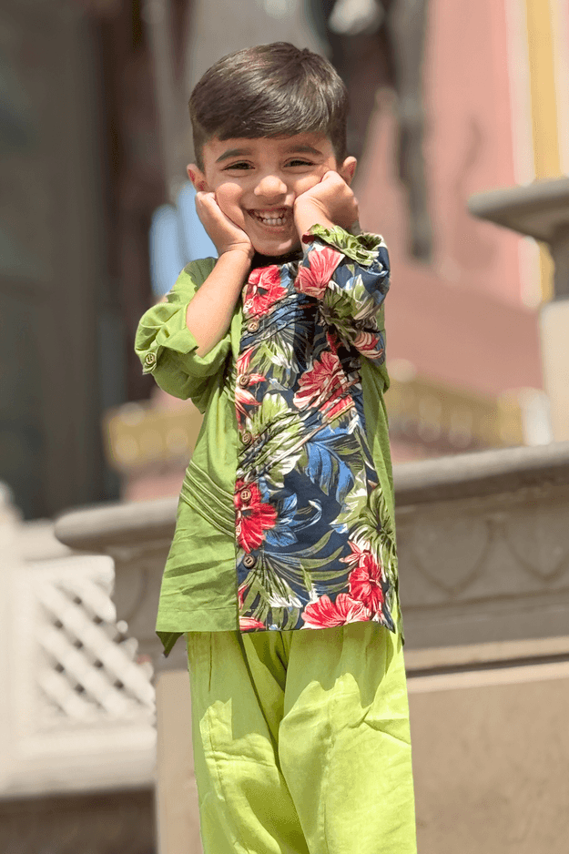 Boys Afghani Color Block Short Kurta with Salwaar Ethnic Clothing Set - Green