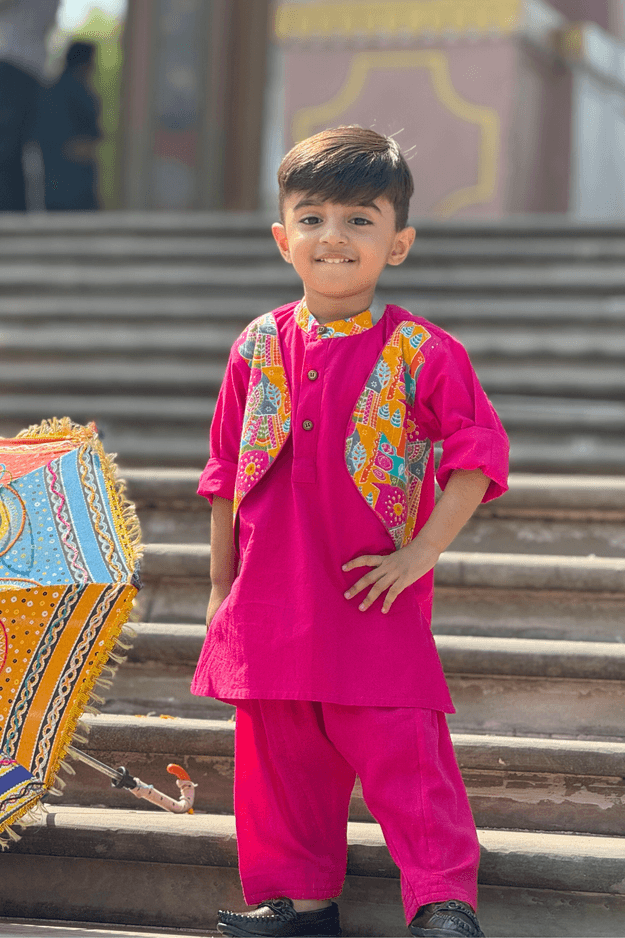 Boys Dholna Kurta Pant & Jacket 3 piece ethnic clothing set - Pink